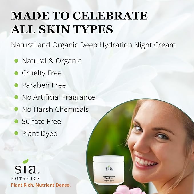 Sia Botanics Deep Hydration Night Face Cream (118ml/4oz Tub) | Facial Moisturizer w/Jojoba, Evening Primrose, Vitamin E | Natural, Clean, Botanical Skincare for Women