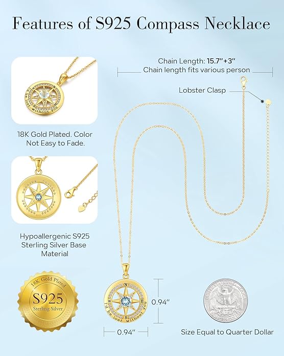 S925 Necklace Gift for Wife |Compass Jewelry |Women Anniversary |Sterling Silver |Girlfriend Birthday Gifts for Her Valentines |I'd be Lost without You |Jewel 18K Gold