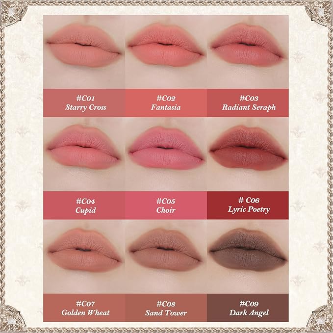 Flower Knows Little Angel Matte Lipstick,Super Soft & Ultra Silky Lip Mud Stick,Long Lasting & Moisturizing Vegan Lip Makeup for Girls&Women,Velvety Nude Peachy Finish(C01 Starry Cross)