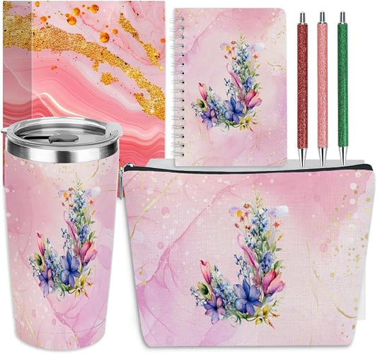 Personalized Gifts Monogrammed Birthday Gifts for Women, Maid of Honor Bachelorette Wedding Christmas Initial 20 oz Tumbler, Makeup Bag Cup Pens Journal Notebook 6 Set, (Aesthetic Pink Flower J)