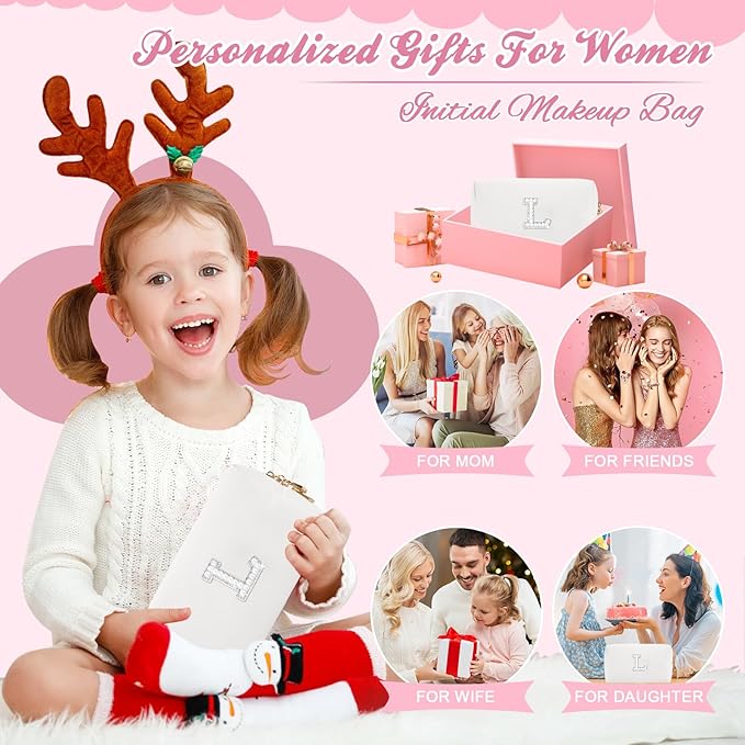 Bride Gifts – Personalized Initial Makeup Bag with Pearl Rhinestone Patch, Preppy White Monogram Cosmetic/Toiletry Pouch, bridesmaid Gifts, Bridal Shower Gifts, Wedding Gifts, Bridal Gifts,L