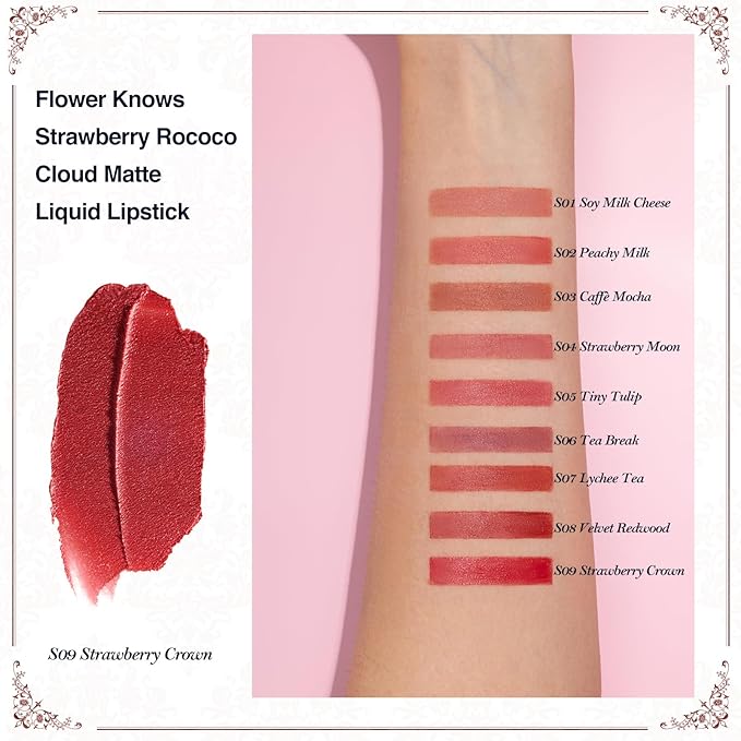 Flower Knows Strawberry Rococo Cloud Lip Cream,Velvety Matte Liquid Lipstick,Red Lipstick,Long Lasting Lip Stain,Kiss-proof Blurred Lipstick for Girls&Women,0.12 Fl Oz(S09 Strawberry Crown)