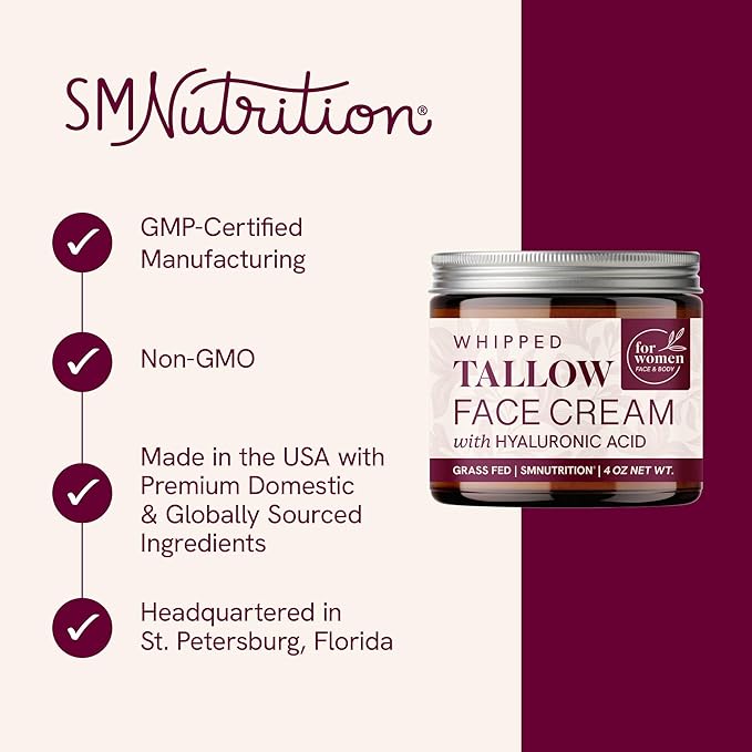 Beef Tallow Face Moisturizer for Women | With Hyaluronic Acid | Hydrating Whipped Beef Tallow for Skin Care for Women | With Jojoba & Sweet Almond Oil | Paraben & Cruelty-Free, Non-GMO | 4 oz