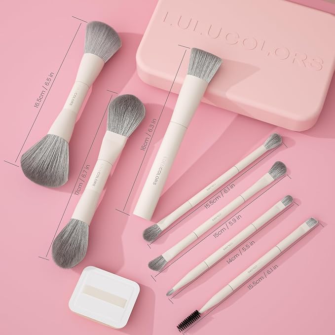 13-in-1 Dual-Ended Makeup Brush Set with Sponge & Travel Case – 7 Multi-Functional Brushes for Face & Eyes – Soft Bristles, Wooden Handles – Available in Cream, Green, or Pink (Blush Pink)