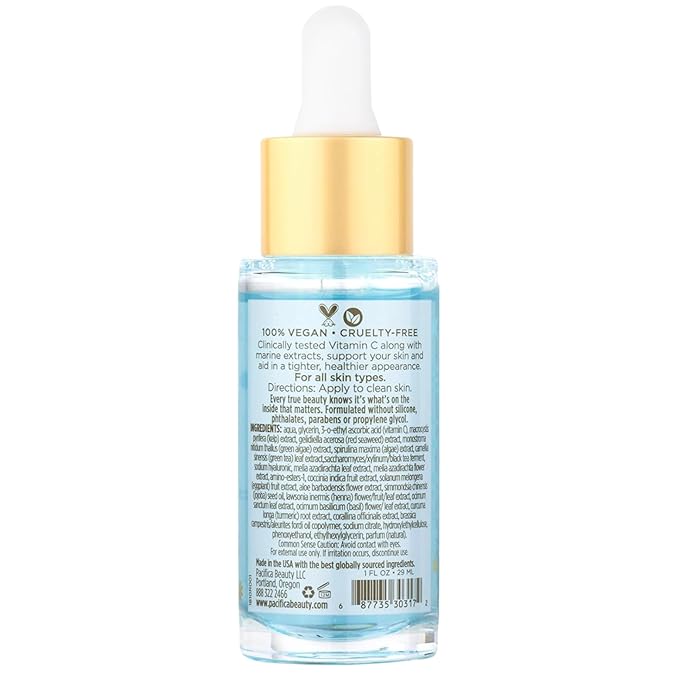 Pacifica Beauty Sea and C Love Vitamin C Serum, Skincare, Hyaluronic Acid, Green Tea, Marine Extracts, Blue Light Protection, Brightening, Lightweight, Face Care, Skin Care Serum, 1 fl oz (1 Count)