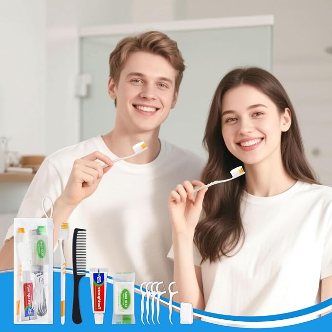 Personal Care Travel Toiletries Sets Bulk -Pack of 100,Disposable Toothbrushes with Toothpaste and Floss,Comb,Soap,Cover,Zip Bag 7-IN-1 Travel Size Toiletry Kit for Hotel,Guest,Homeless,Charity,Church