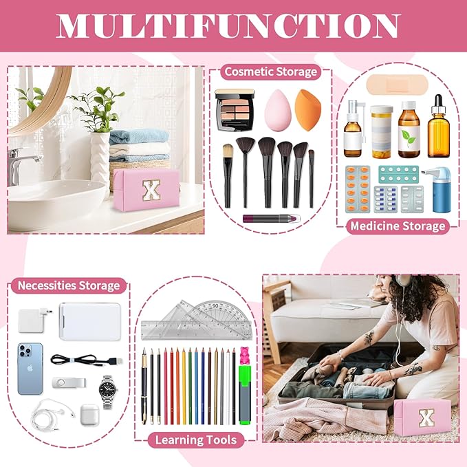 Personalized Initial A-Z Preppy Patch Makeup Bag,Small PU Chenille Letter Cosmetic Bag with Zipper for Teen Girls,Pink Cute Toiletry Organizer Bag,Monogram Makeup Case Gift for Women Girls,Letter X