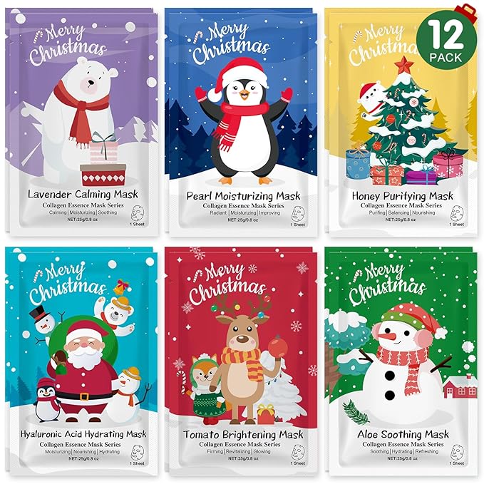 12 Pack Christmas Stocking Stuffers Facial Masks, Sheet Face Masks Skincare, Hydrating Facial Masks Set for Women Skin Care, Bulk Christmas Gifts for Women