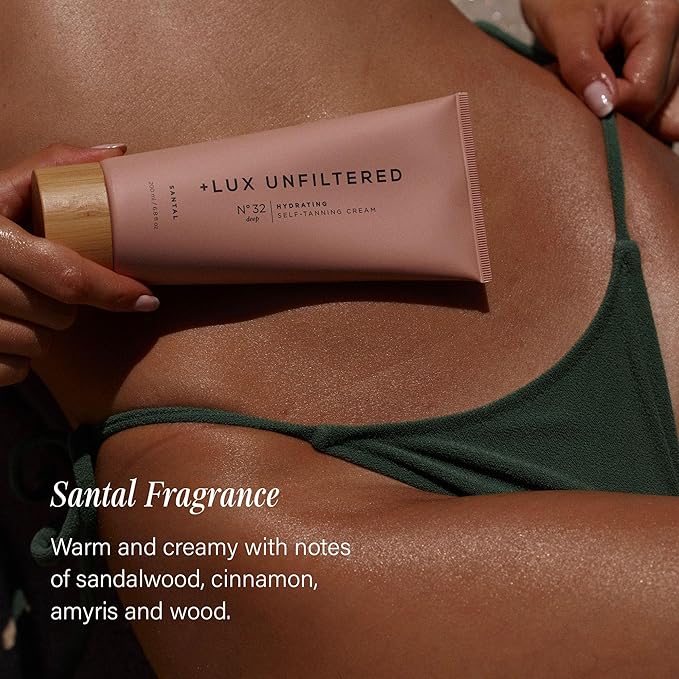 + Lux Unfiltered N°32 Deep Gradual Self Tanner, Hydrating Self Tanning Lotion with Shea Butter & Squalane - Non-Sticky, No Transfer, Natural-Looking Tan - Vegan & Cruelty-Free Sunless Tanner - Santal