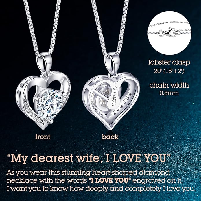 Heart Pendant Necklace Gifts for Wife, Engraved 'I LOVE YOU' Gift for Wife, 1-3 Carat Moissanite Necklace, Anniversary Eternity Jewelry Present for Wife, Birthday Gifts for Women