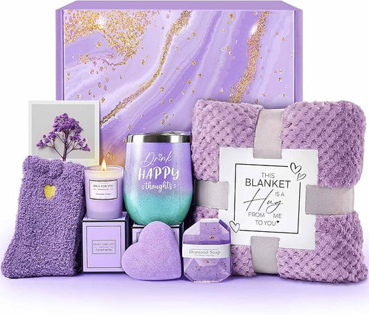 Birthday Gifts for Women, Self Care Get Well Soon Gifts, Lavender Relaxing Spa Gift Basket Care Package w Blanket, Valentines Mothers Day Christmas Gifts for Mom Grandma Wife Girlfriend Friends Sister