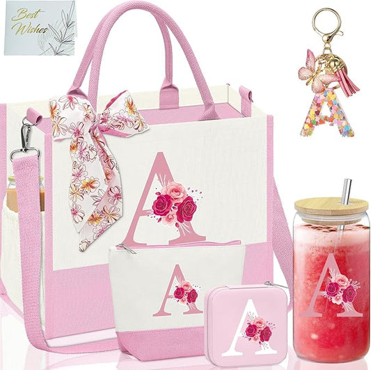 Initial Canvas Tote Bag,Birthday Gifts for Women,Monogrammed Gift for Women,16oz Glass Cup,Personalized Gifts for Mom,Initial Makeup Bag,Unique Gift for Mom Sister Bestie-A