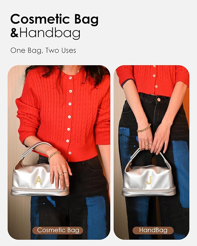 College Gifts for Women, Personalized Makeup Bag with Handle, Initial Double Layer Cosmetic Bag with Makeup Brush Organizer, Cute Cosmetic Pouch for Women, Gifts for Friends Female Mom