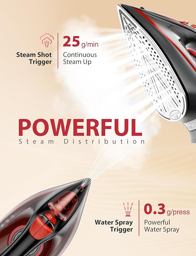 Steam Iron for Clothes, Automatic Shutoff, Light Weight, 1500W Iron with Non-Stick Ceramic Soleplate, 3-Way Auto-Off, Rapid Heating, Self-Cleaning, 15.21oz Water Tank Ironing Clothes for Home