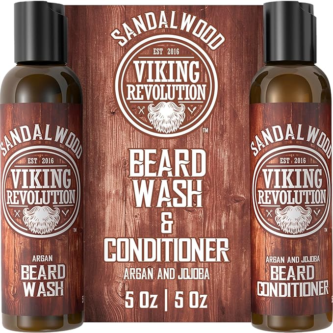 Viking Revolution Beard Wash & Beard Conditioner Set w/Argan & Jojoba Oils - Softens & Strengthens - Natural Beard Shampoo w/Beard Oil Sandalwood (5oz)