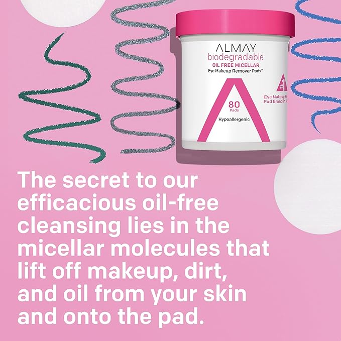 Almay Biodegradable Makeup Remover Pads, Micellar Gentle, Hypoallergenic, Fragrance-Free, Dermatologist & Ophthalmologist Tested, 80 Count