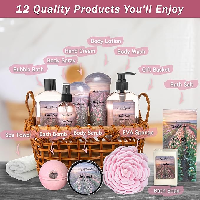 Spa Baskets For Women - Luxury Bath Set With Rose Oil & Orchid - Spa Kit Includes Wash, Bubble Bath, Lotion, Bath Salts, Body Scrub, Body Spray, Shower Puff, Bathbombs, Soap and Towel