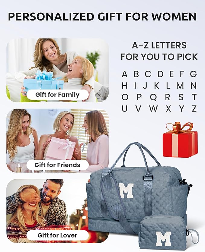 Initial Gifts, Personalized Weekender Bag with Shoulder Strap, Monogram Overnight Bag for Women Wet Pocket, Letter Travel Bag with Makeup Bag Gifts for Family Birthday Gifts (Letter Z)