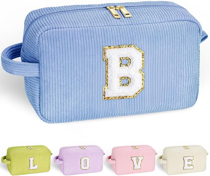 YOOLIFE Girls Personalized Initials Cute Makeup & Skincare Bag - Blue Wedding & Birthday Gift