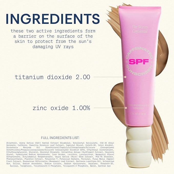 The Skinny Confidential Tinted Sunscreen, SPF 40 - Fragrance Free Face Moisturizer with No White Cast - Non-Greasy & Lightweight Caffeinated Mineral Sunscreen Lotion with Zinc Oxide & Titanium Dioxide
