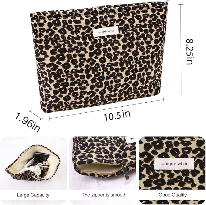 Wudygirl Leopard Makeup Bag Cosmetic Bag for Women and Girls Large Capacity Toiletry Bag Makeup Pouch Canvas Aesthetic Travel Makeup Bag Zipper Pouch (Leopard Print)