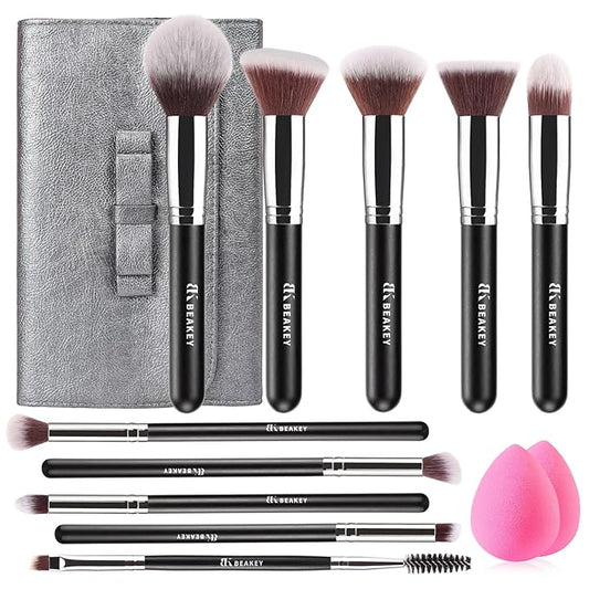 BEAKEY Makeup Brushes Set Premium Foundation Concealer Blush Bronzer Eye Shadow 10+2 PCS Brushes & Blender Sponges with Portable Makeup Bag