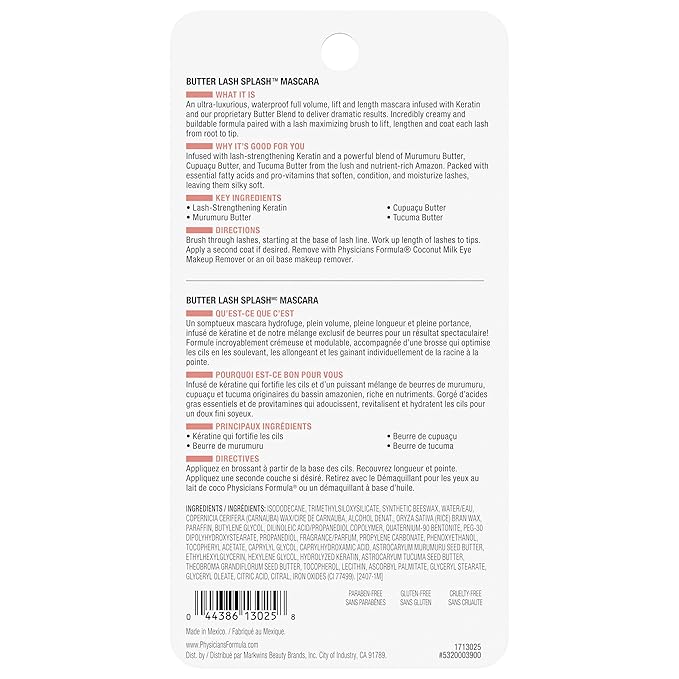 Physicians Formula Butter Lash Splash Waterproof Mascara, Buildable Formula with Murumuru Butter & Lash-Strengthening Keratin, Provides Full Volume, Lift, & Length, Cruelty-Free - Blackest Black