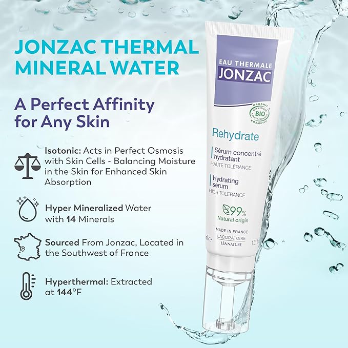 Eau Thermale Jonzac Rehydrate Organic Pure Hyaluronic Acid Hydrating Serum for Face - 24H Hydration - Plump and Repair Dehydrated Skin - Safe for Sensitive Skin - 1.01 fl oz