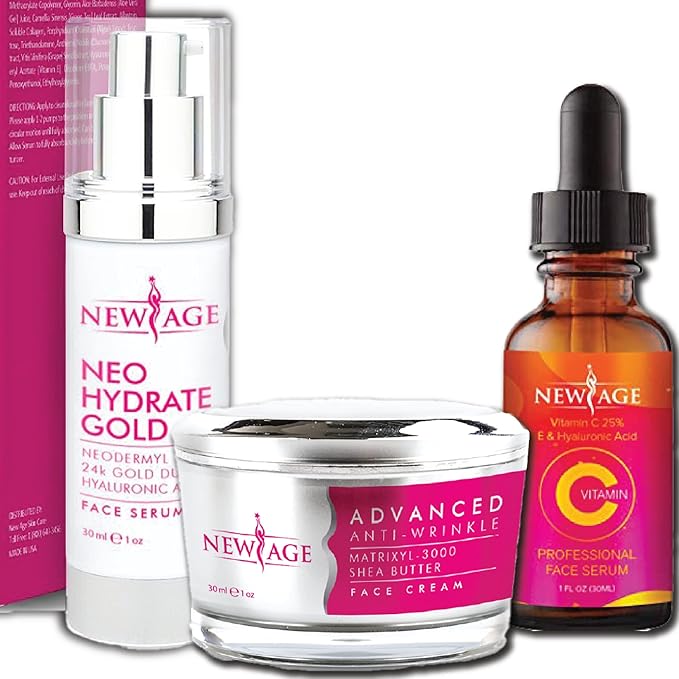New Age Skin Care Beauty Box (Set of 3) Gift Set Vitamin C And Hyaluronic Kit Eye Serum Neo Hydrate Gold Face and Neck Serum Advanced Anti-Wrinkle Cream Anti Aging Retinol Moisturizer