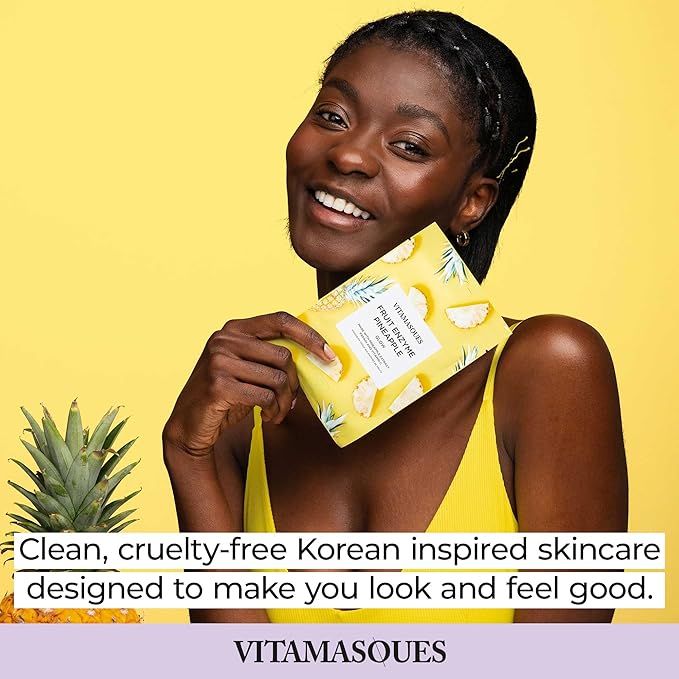 Vitamasques Pineapple Face Sheet Mask 7 Pack - Korean Skin Care Facial Mask Boost Skins Natural & Dewy Glow with Vitamin C, Hyaluronic Acid, and Pineapple Extracts