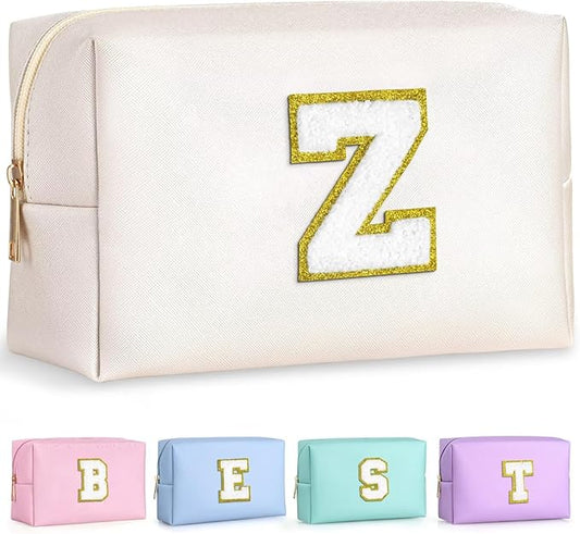 TOPEAST Preppy Makeup Bag, Small Cosmetic Travel Bags for Women, PU Leather Waterproof Toiletry Bag with Zipper, Personalized Birthday Gift for Women Girl, Preppy Gifts for Girl (White Z)