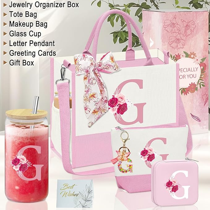 Monogrammed Gifts for Women,Personalized Gift for Women,Initial Canvas Tote Bag,16oz Initial Glass Cup,Makeup Bag for Sister,Jewelry Organizer Box,Birthday Gifts for Aunt Niece-G