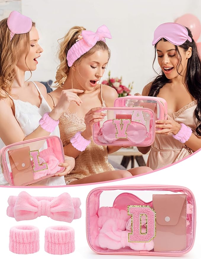 Gift Sets for Women, Initial Makeup Bag with Makeup Brush Set Bachelorette Party Favors, Pink Spa Kit with Skincare Headbands Wrist Bands Sleepover Party Supplies Gifts for Teen Girls Bridesmaid D