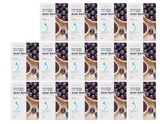 Hyaluronic Aqua Plus Essence Full Face Facial Sheet Mask 14 Sheets - 2 WEEKS SET (ACAI BERRY - 14 pack)