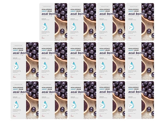 Hyaluronic Aqua Plus Essence Full Face Facial Sheet Mask 14 Sheets - 2 WEEKS SET (ACAI BERRY - 14 pack)