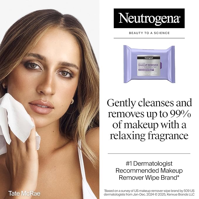 Neutrogena Night Calming Makeup Remover Face Wipes, Nighttime Cleansing Towelettes Remove Sweat, Dirt & Makeup & Calms Skin, Hypoallergenic, 100% Plant Based Cloth, 50 Count (2 Packs of 25)