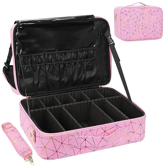 Professional Makeup Case Bag|3 Layers Large Capacity Cosmetic Organizer Brush Bag,Barber Train Case Makeup Artist Box,PU Leather Stylish Geometric Reflection Patterns Pink