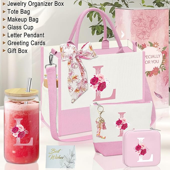 Monogrammed Gifts for Women,Personalized Gift for Women,Initial Canvas Tote Bag,16oz Initial Glass Cup,Makeup Bag for Sister,Jewelry Organizer Box,Birthday Gifts for Aunt Niece-L