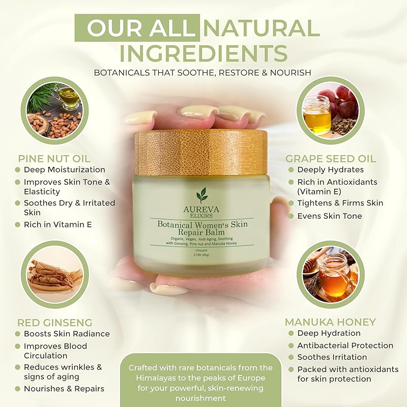 Botanical woman’s skin repair balm – Anti-Aging Moisturizer for Face, Body, Neck & Décolleté – Soothes Redness, Dryness, Itchy Skin – Calendula, Chamomile, Ginseng – 2oz Unscented