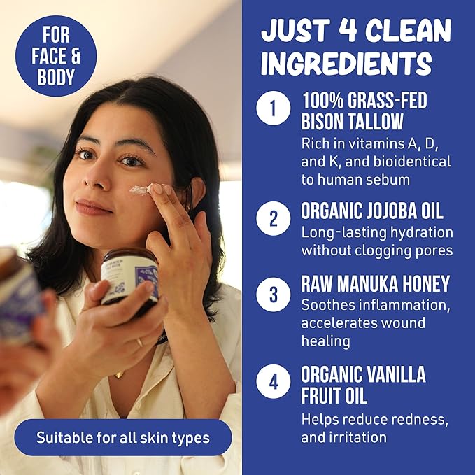 Whipped Bison Tallow Balm w/Manuka Honey, Jojoba, Organic Vanilla - Grass-Fed & Finished Organic Tallow Face Moisturizer - Face & Body Cream for Acne-Prone Skin - Nourishing Skincare (2.5 oz)