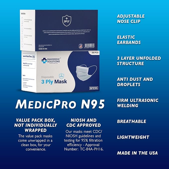 PandMedic Disposable Face Mask Made in USA | Premium Medical American 3 Ply Safety Face Masks Breathable with Elastic Ear Loops - 50ct Box