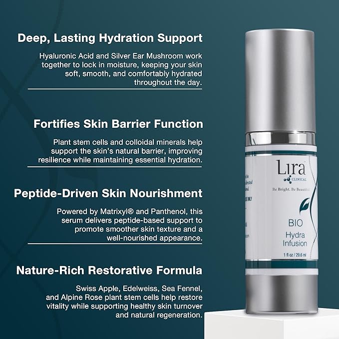 Lira Clinical BIO Hydra Infusion - Hydrating Face Serum with Hyaluronic Acid, Plant Stem Cells, and Minerals - Lightweight Facial Serum for Smooth, Refreshed Skin - Travel Size Daily Skincare - 1 Oz