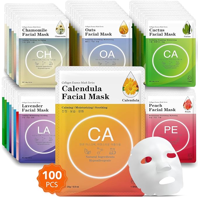 VESPRO 100 Pack Collagen Essence Sheet Facial Masks, Bulk Face Masks Skincare, Hydrating Face Masks for All Skin Types, Moisturizing and Soothing, Skin Care Spa Face Mask