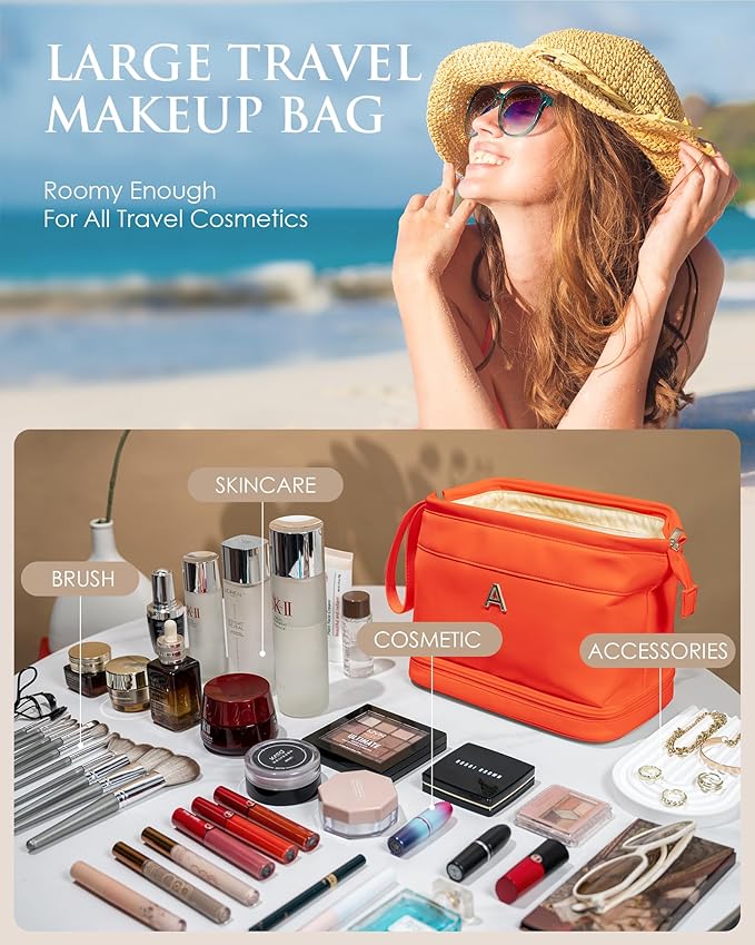 Gifts for Her - Initial Large Makeup Bags, Personalized Double Layer Cosmetic Bags with Makeup Brush Organizer, Waterproof PU Leather Travel Toiletry Bags for Wedding & Bridesmaid Gifts