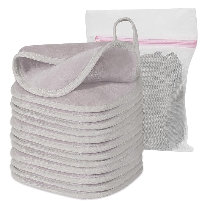 Makeup Remover Cloth, 6" x 6" Make Up Towels Reusable Face Cloth for Washing Face, 12 Pack Makeup Remover Pads Microfiber Face Washcloth with Mesh Bag, Light Grey
