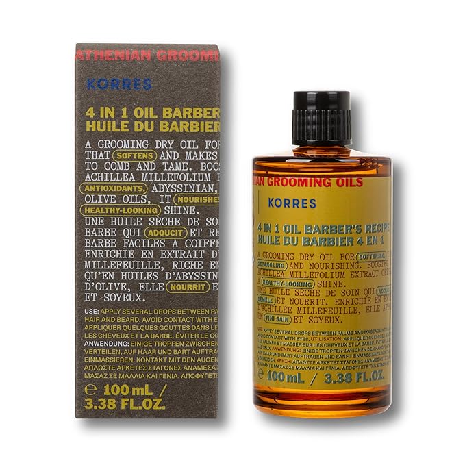 KORRES Athenian Grooming 4-in-1 Men’s Care Oil, Dry Oil for Hair & Beard with Achillea Millefolium, Abyssinian, Almond & Olive Oils, Detangles, Softens, Vegan, Silicone & Paraben Free, 3.38 Fl Oz