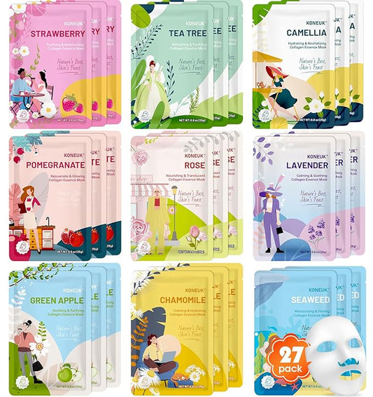 27 Pack Collagen Sheet Face Masks Skincare for Women, Bulk Hydrating Face Mask Set for Dry Skin, Moisturizing Facial Masks for Skin Care, Stocking Stuffers for Women, Christmas Gifts, Spa Party Gifts