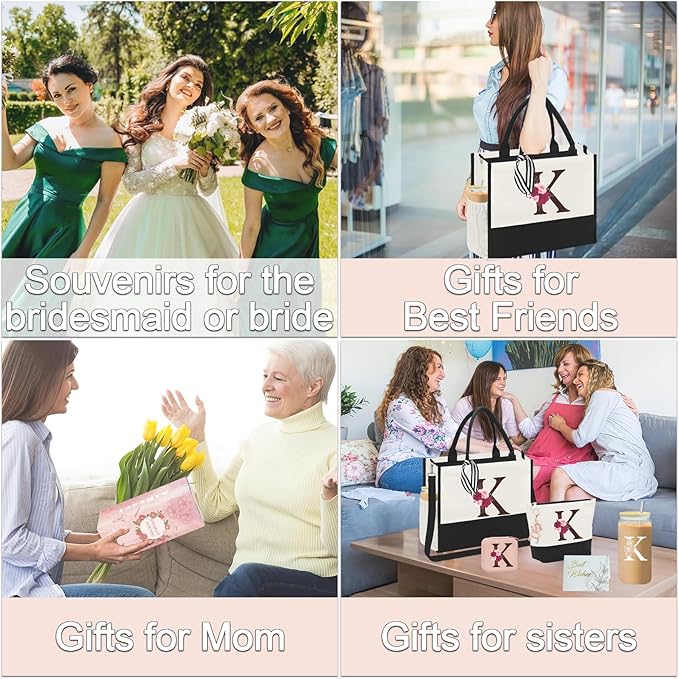 Birthday Gifts for Women,Initial Canvas Tote Bag,Initial Gift for Women,16oz Initial Glass Cup,Initial Makeup Bag with Zipper,Jewelry Organizer Box,Personalized Gifts for Mom-K