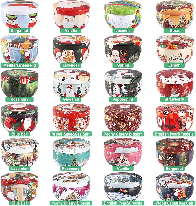 24Pack Christmas Scented Candle Tins Gift Set - Soy Wax Festive Aromatherapy Candles 2.5oz- Smokeless Long Lasting Burn time for Advent & Christmas Gifts Holiday Decor & Gifting.