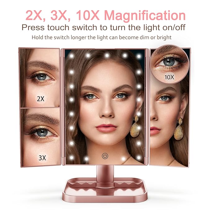 HUONUL Makeup Mirror, 10X 3X 2X Magnification, Lighted Makeup Mirror, Touch Control, Dual Power Supply, Portable LED Mirror, Women Gift (Rose Gold)